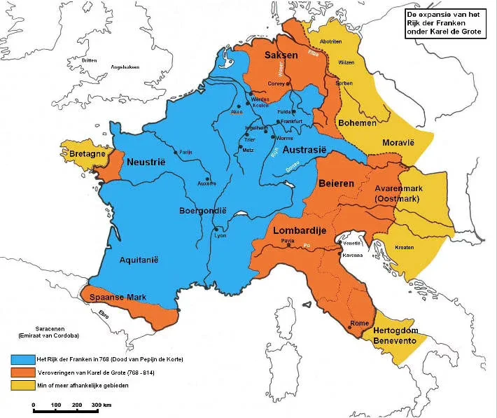 1: De expansie  van het Frankische Rijk onder Karel de Grote afbeeldingsbron: Hardscarf at nl.wikipedia